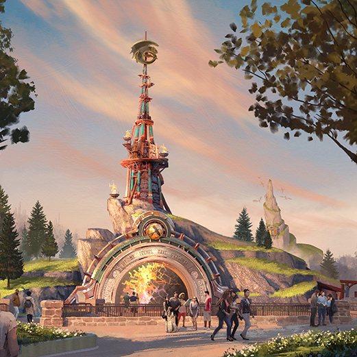 Gold Compass with dark blue center. Text Universal Epic Universe appears on top of it.