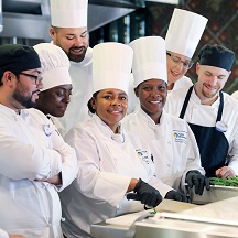 Diverse group of Culinary Team Members wearing chef hats