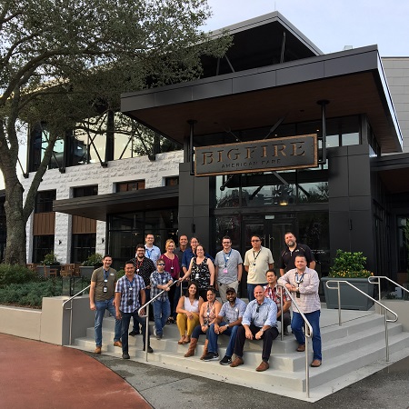 Group of Team Members standing and seated on the steps in front of Bigfire American Fare at Universal CityWalk Orlando
