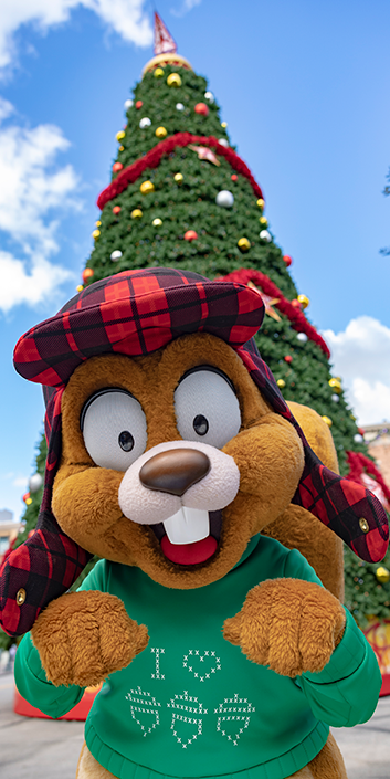 Earl the Squirrel looks into the camera, he is wearing a red hat and green sweater. There is a large Christmas tree behind him.