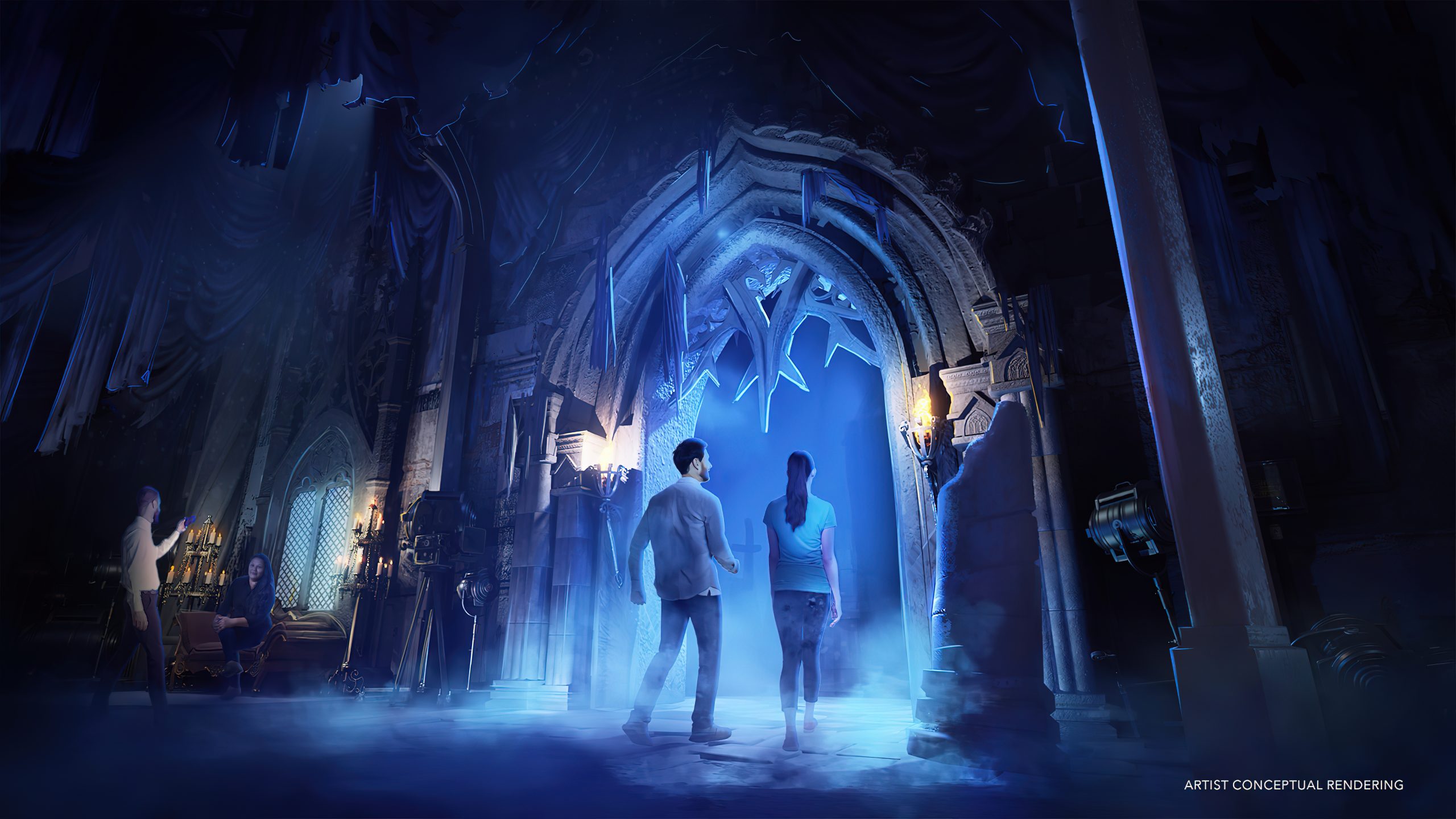 atmospheric, eerie indoor area adorned with gothic-style archway that two people are walking through.