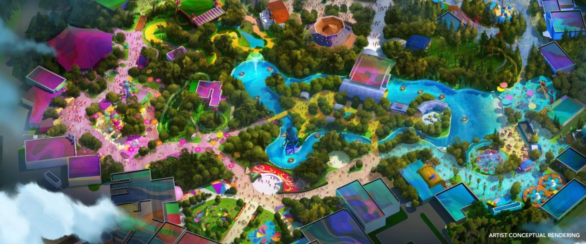 artist concept rendering of a bird’s eye view of UKR, containing bright colors and exciting art of park offerings.