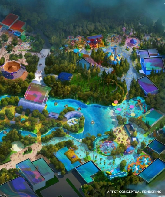 conceptual artist rendering of the bird’s eye view of Universal Kids Resort, showing unique lands, greenery, and a waterway.
