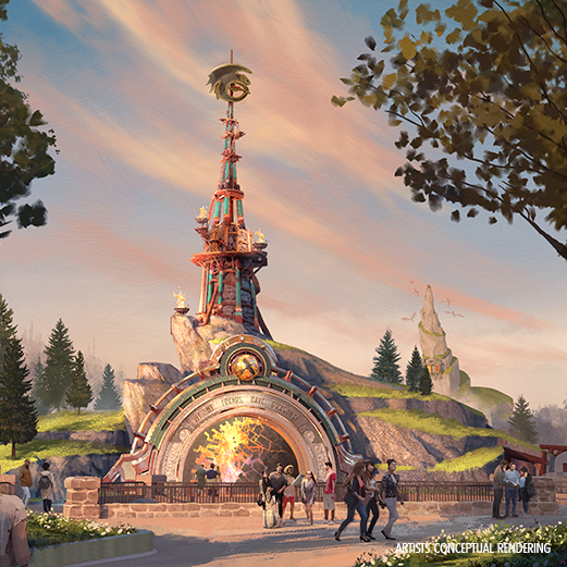 Gold Compass with dark blue center. Text Universal Epic Universe appears on top of it.