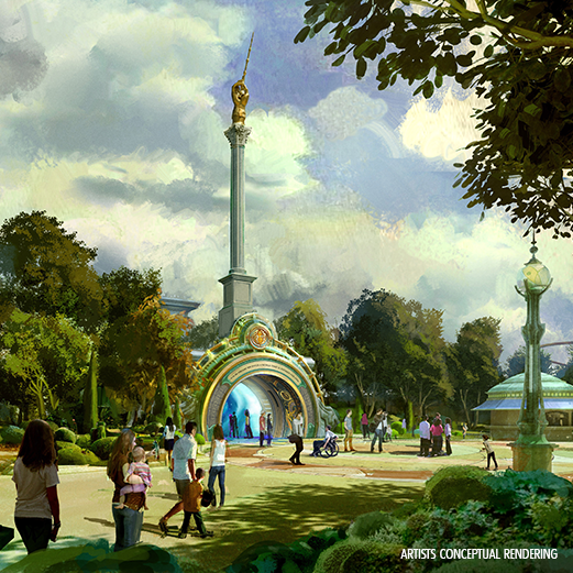 Gold Compass with dark blue center. Text Universal Epic Universe appears on top of it.